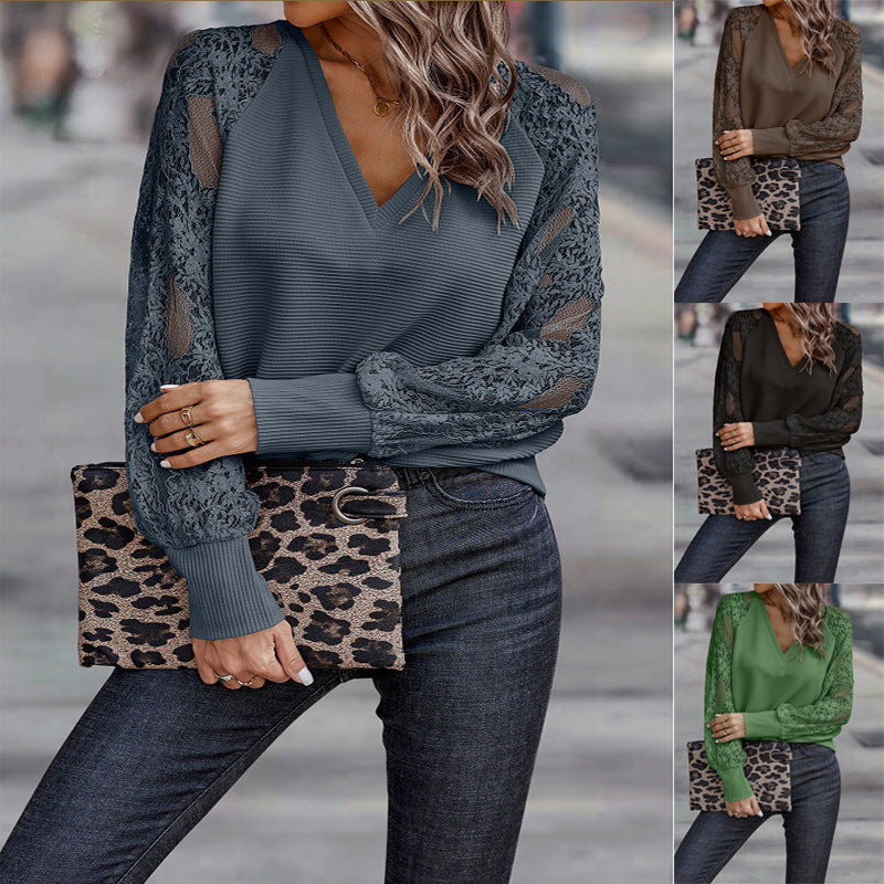 Damen V-Ausschnitt Pullover mit Spitzen-Details R&B