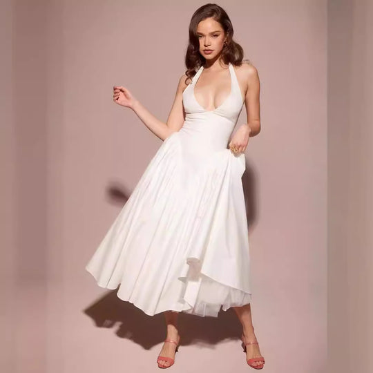 Damen Elegantes Kleid mit tiefem V-Ausschnitt und voluminösem Rock R&B