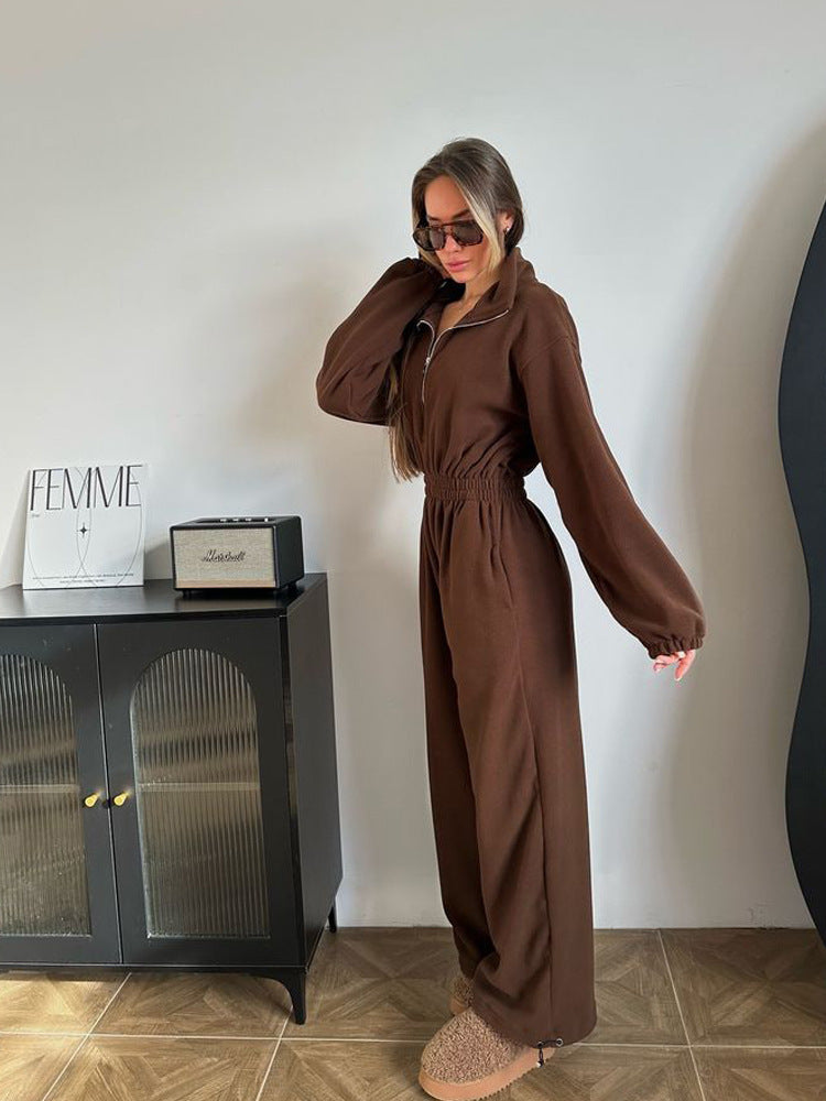 Damen Fleece-Jumpsuit mit hohem Kragen und elastischem Bund R&B
