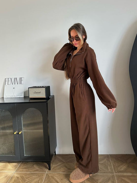 Damen Fleece-Jumpsuit mit hohem Kragen und elastischem Bund R&B