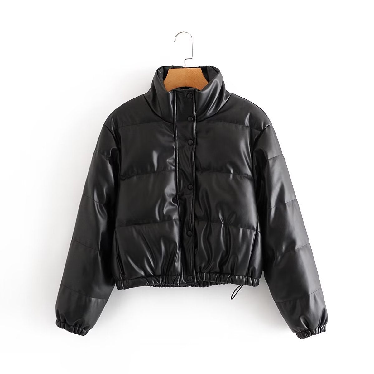 Damen gesteppte Kunstlederjacke mit hochschließendem Kragen und elastischen Bündchen R&B