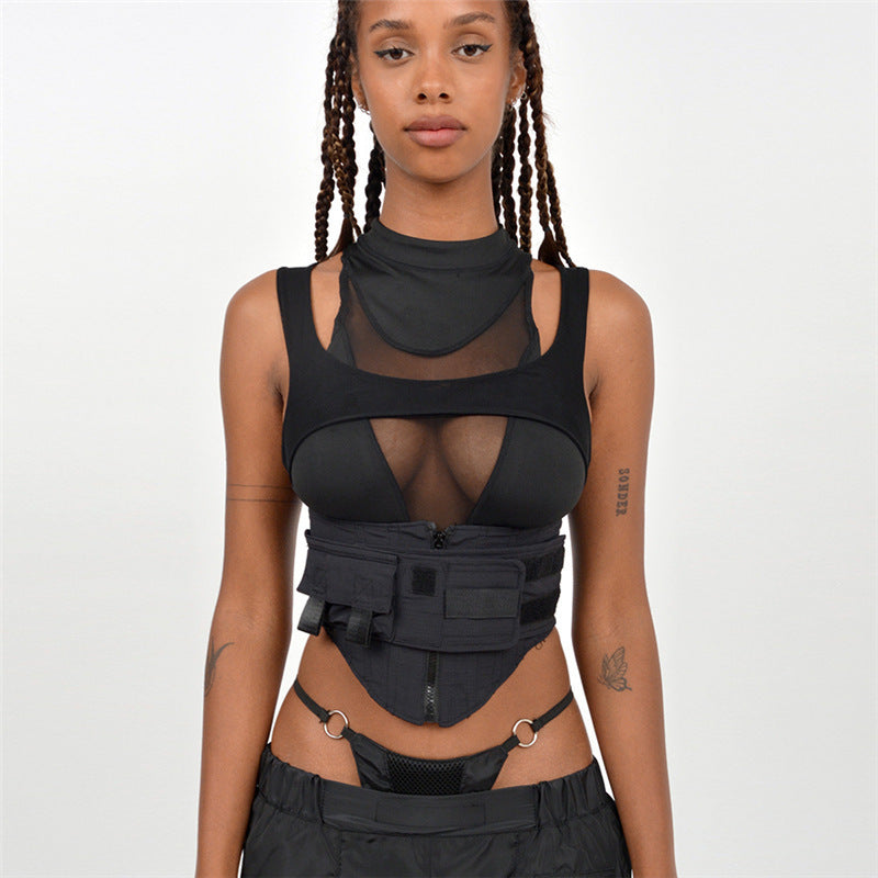 Damen Sportliches Kompressionsoberteil mit transparentem Netzdesign R&B
