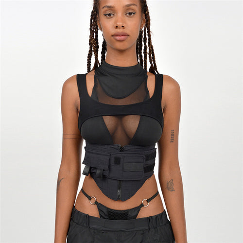 Damen Sportliches Kompressionsoberteil mit transparentem Netzdesign R&B