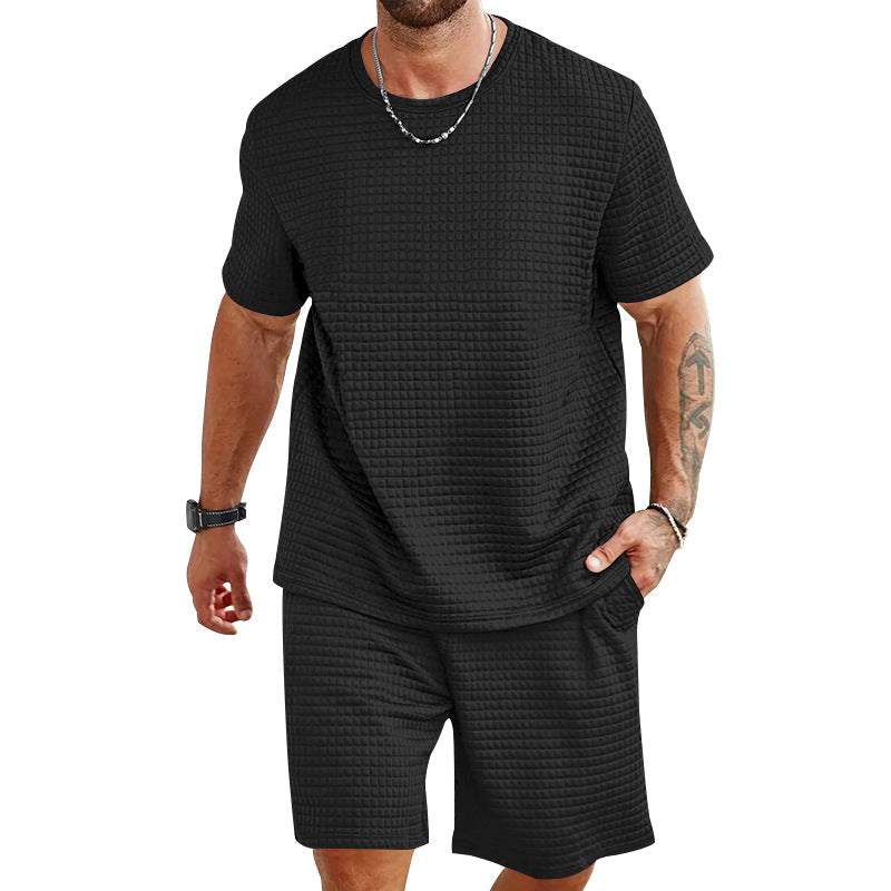 Herren nan Waffelstruktur Wohn- und Freizeit-Set mit weit geschnittenem Kurzarmshirt und kurzer Hose mit elastischem Bund R&B