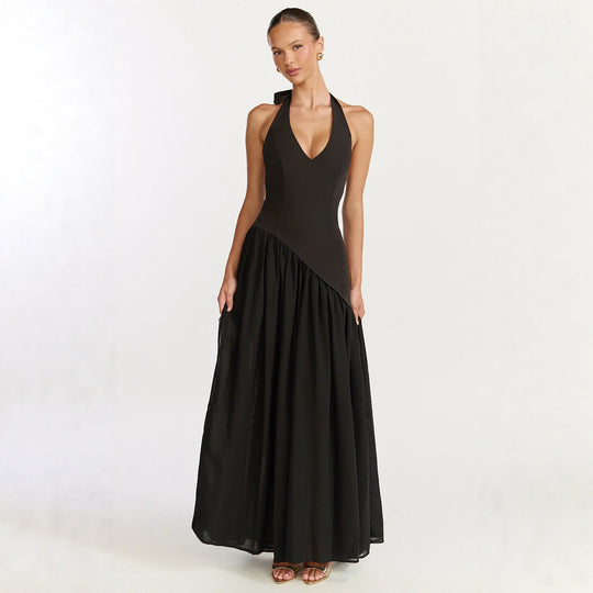 Damen Maxikleid mit tiefem V-Ausschnitt und asymmetrischem Rock R&B
