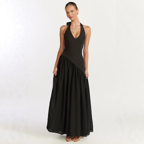 Damen Maxikleid mit tiefem V-Ausschnitt und asymmetrischem Rock R&B