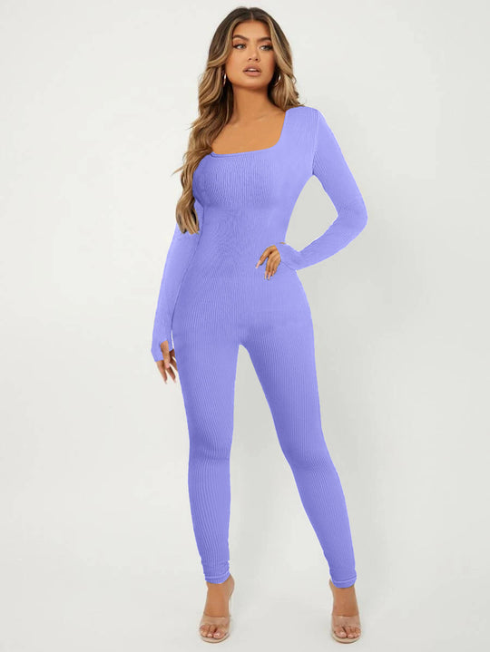 Damen Langarm Jumpsuit im eleganten Rippenmuster R&B