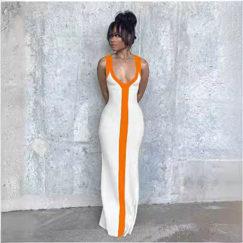Damen elegantes Maxikleid mit tiefem V-Ausschnitt und kontrastierendem Streifen R&B