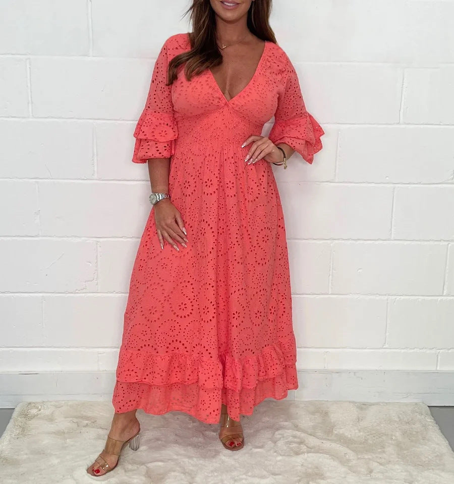 Damen Maxikleid mit floraler Lochstickerei und weiten Ärmeln R&B