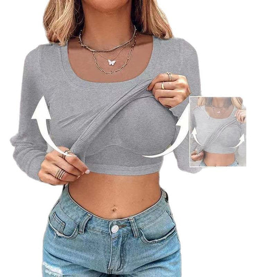 Damen Langarm Crop Top mit eingearbeitetem BH und elastischer Rippenstruktur R&B
