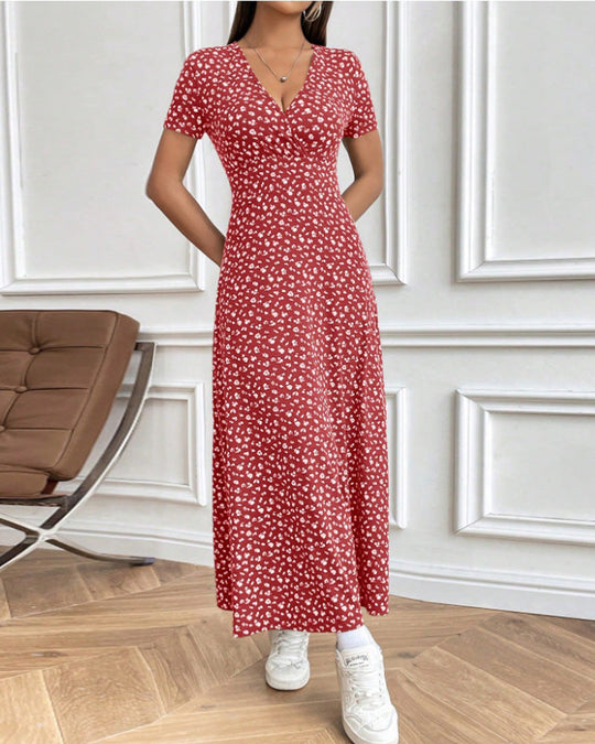 Damen nan tailliertes Jersey-Midikleid mit Crossover-Oberteil, kurzen Ärmeln und ausgestelltem Rock R&B