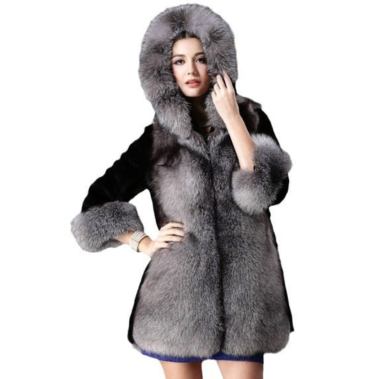 Damen Luxus Kunstpelzjacke mit Kapuze und dekorativen Details R&B