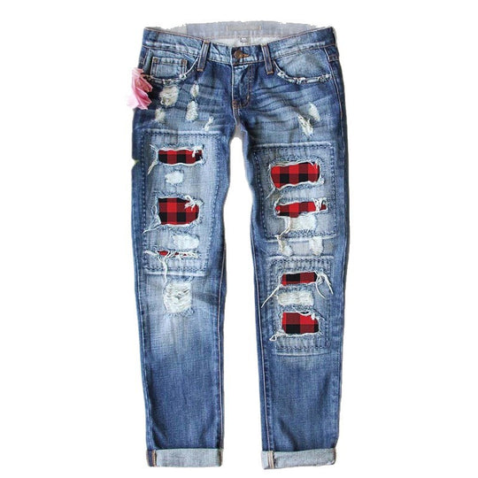 Damen Jeans mit stylischen Rissen und Karomuster R&B
