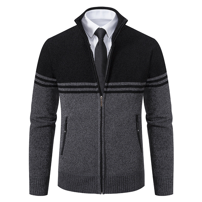 Herren sportliche und modische Strickjacke mit Reißverschluss und kontrastierenden Streifen R&B