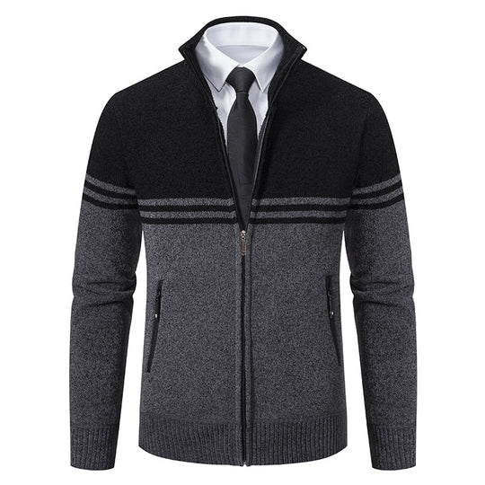 Herren sportliche und modische Strickjacke mit Reißverschluss und kontrastierenden Streifen R&B