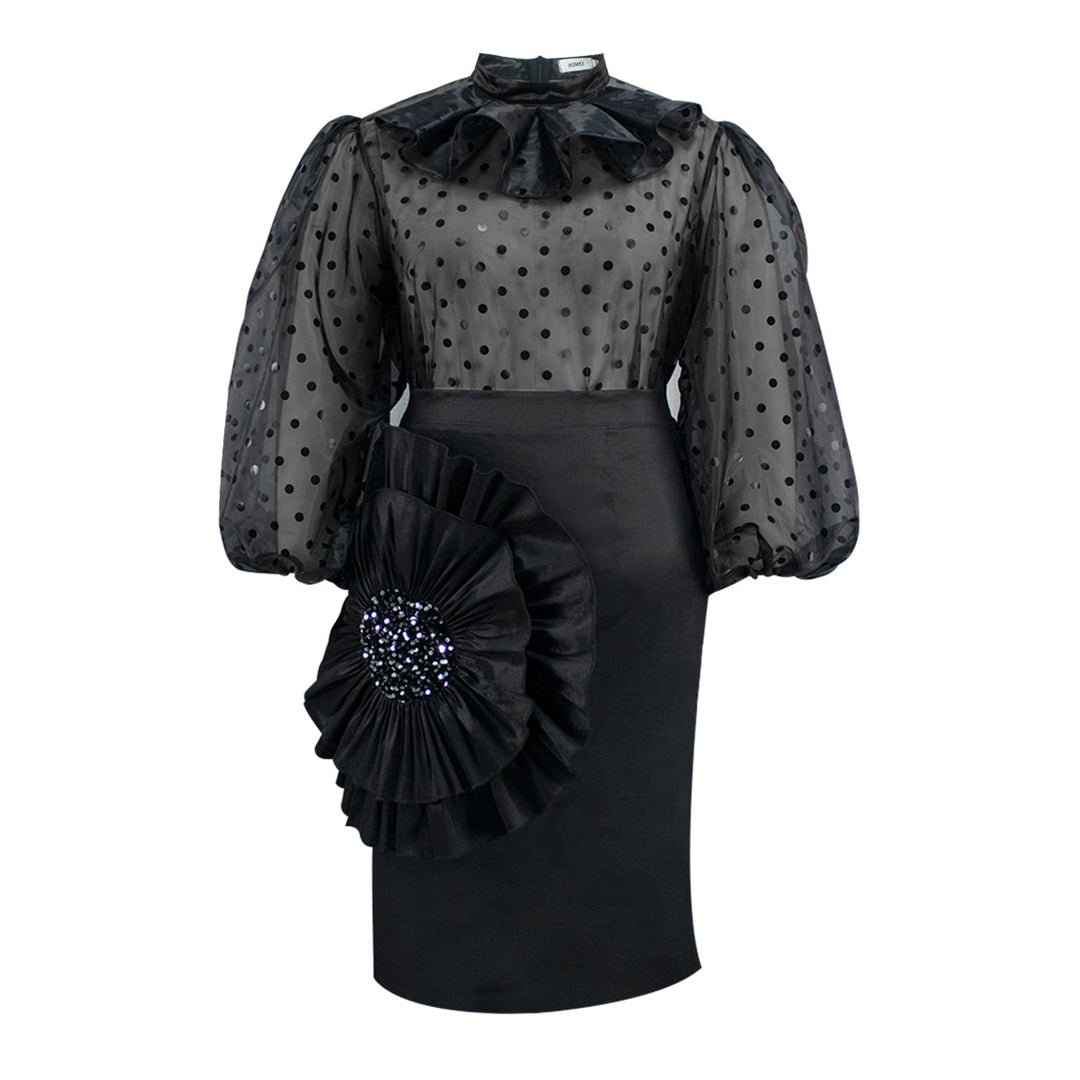 Damen Elegantes Kleid mit transparenten Puffärmeln und Rüschenakzent R&B