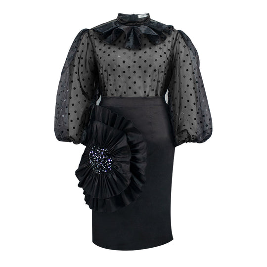 Damen Elegantes Kleid mit transparenten Puffärmeln und Rüschenakzent R&B