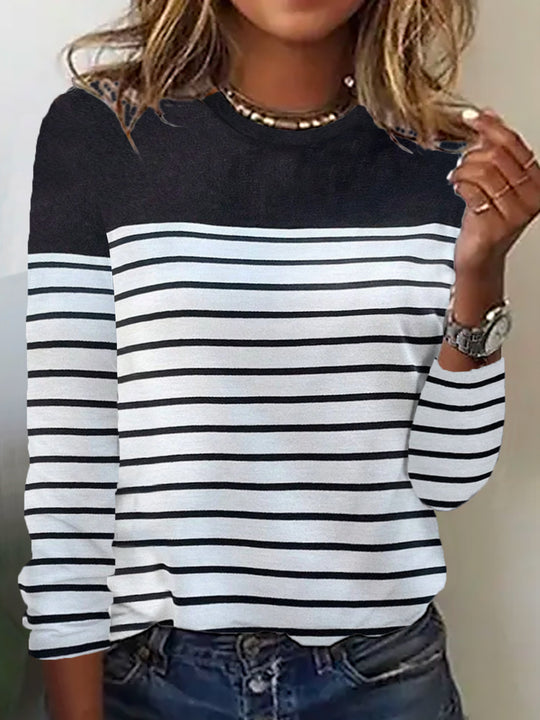 Damen Lässiges Rundhals Longsleeve mit Streifenmuster R&B