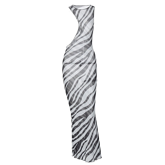 Damen Maxikleid mit asymmetrischem Schnitt und transparentem Zebra-Muster R&B
