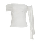 Damen Off-Shoulder Oberteil mit Rüschendetails und transparentem Ärmel R&B