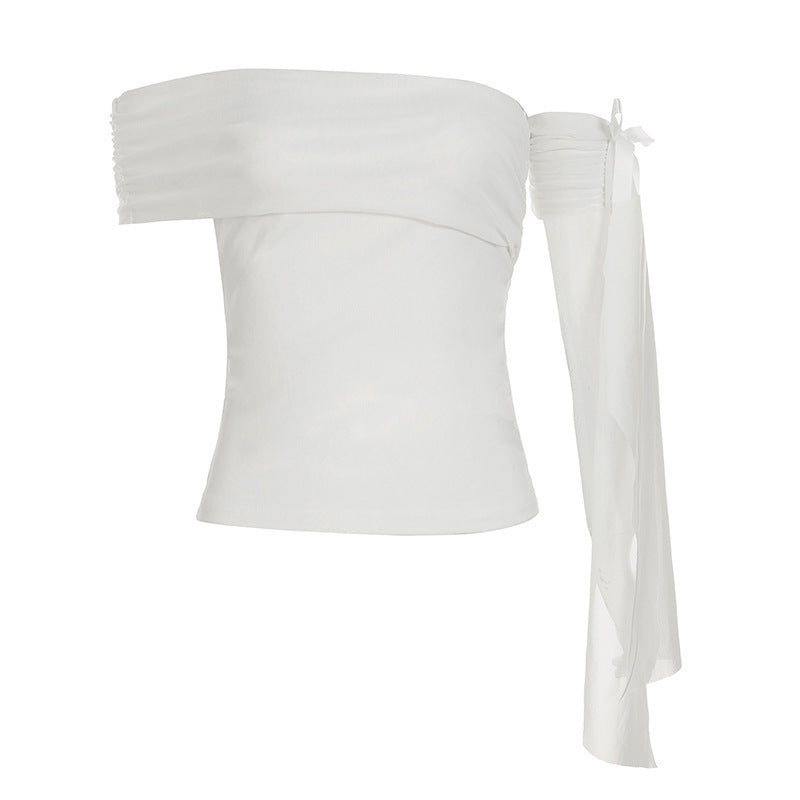 Damen Off-Shoulder Oberteil mit Rüschendetails und transparentem Ärmel R&B