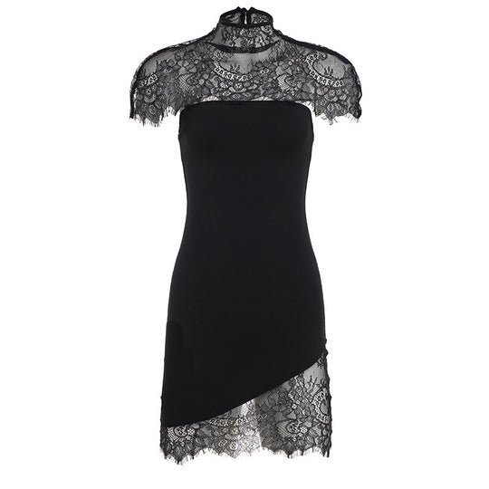 Damen Spitzenkleid mit asymmetrischem Saum und elegantem Kragen R&B