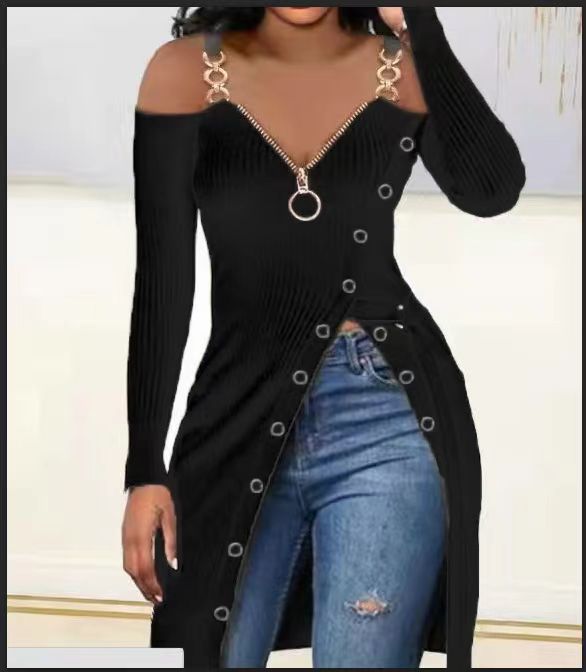 Damen Off-Shoulder Kleid mit Reißverschluss und Knopfdetaillierung R&B