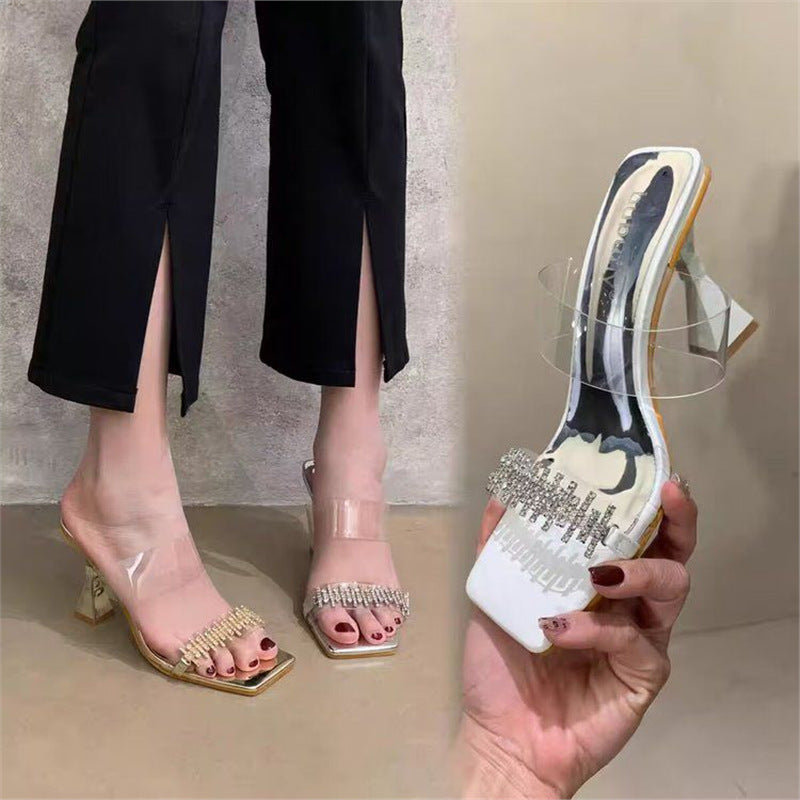 Damen elegante High Heel Sandalen mit transparentem Riemendesign und funkelnden Strassakzenten R&B