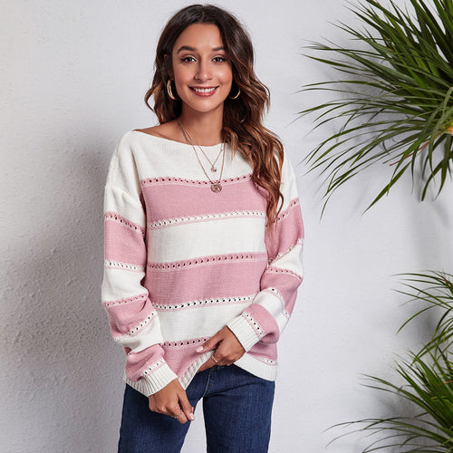 Damen Lässiger Strickpullover mit trendigem Streifenmuster und funkelnden Details R&B