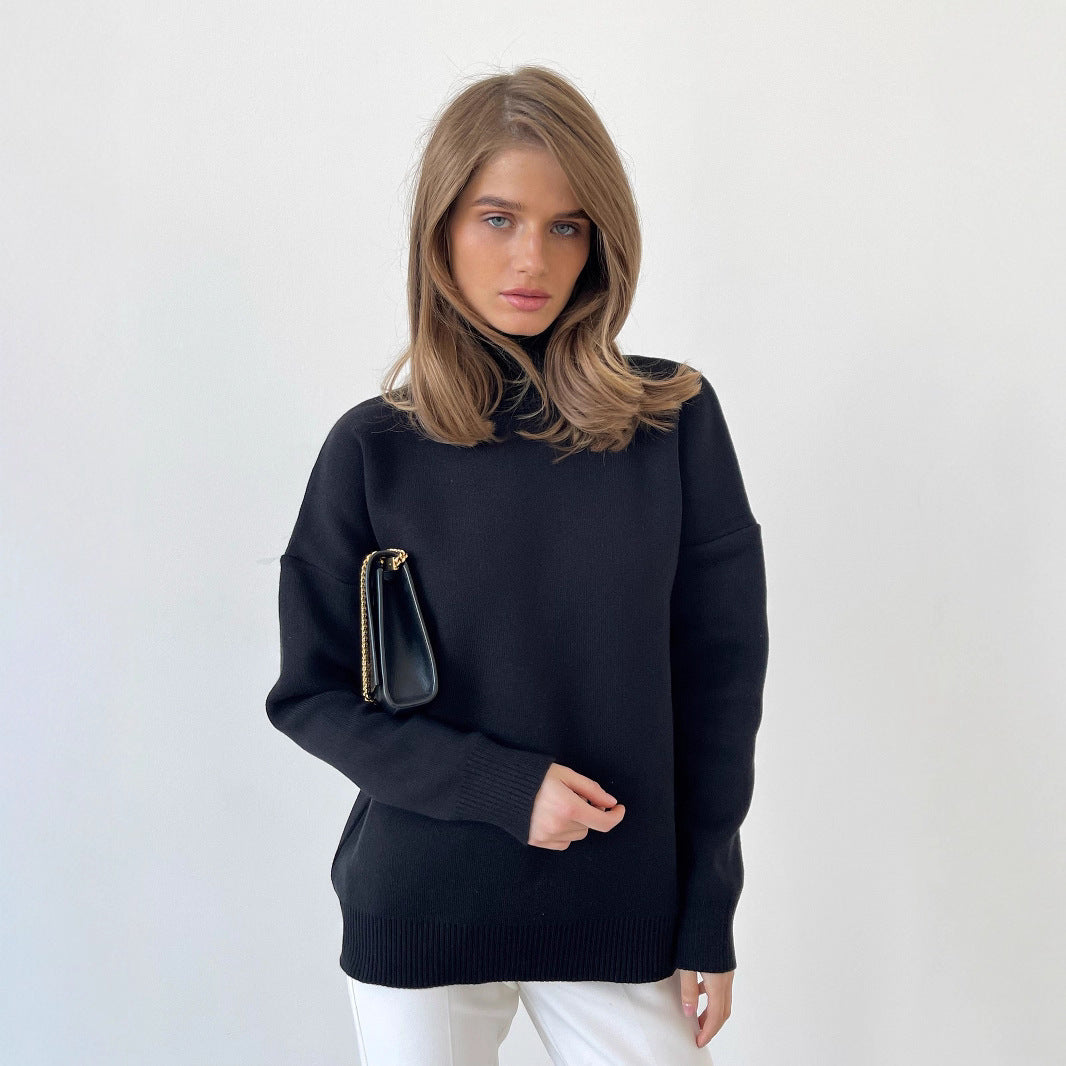 Damen eleganter Strickpullover mit hohem Kragen R&B