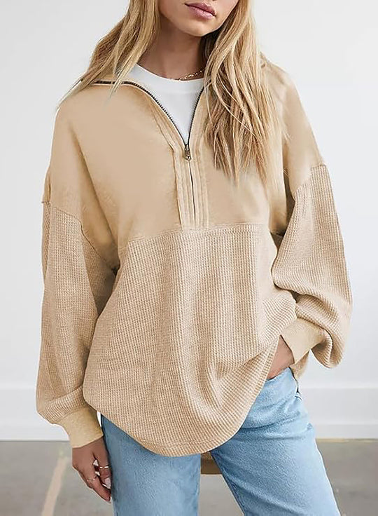 Damen lässiger Kapuzenpullover mit halblangem Reißverschluss und strukturiertem Material R&B