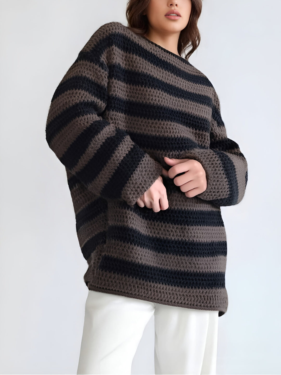 Damen Grobstrickpullover mit modischem Streifenmuster und lässigem Schnitt R&B