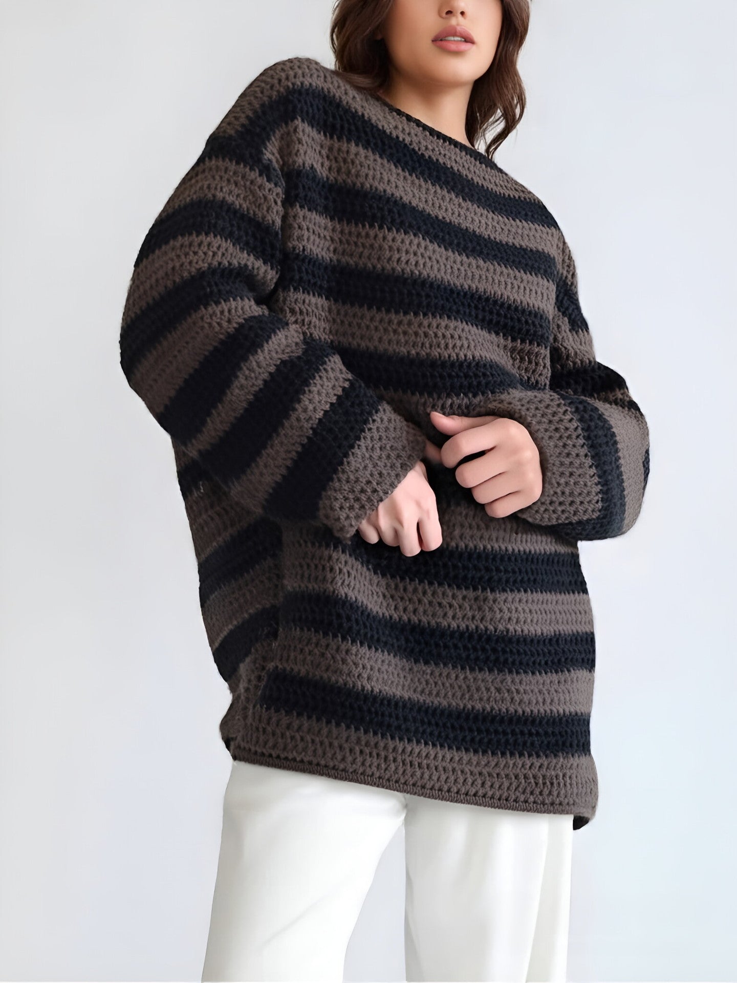 Damen Grobstrickpullover mit modischem Streifenmuster und lässigem Schnitt R&B