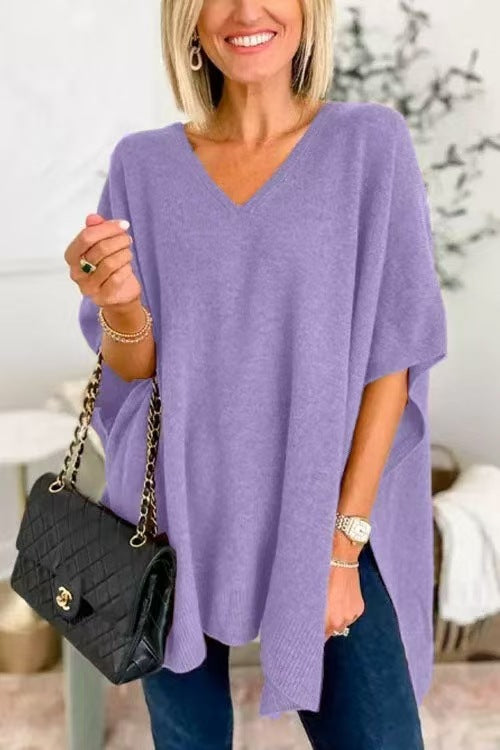 Damen Strickponcho mit V-Ausschnitt und lässigem Schnitt R&B