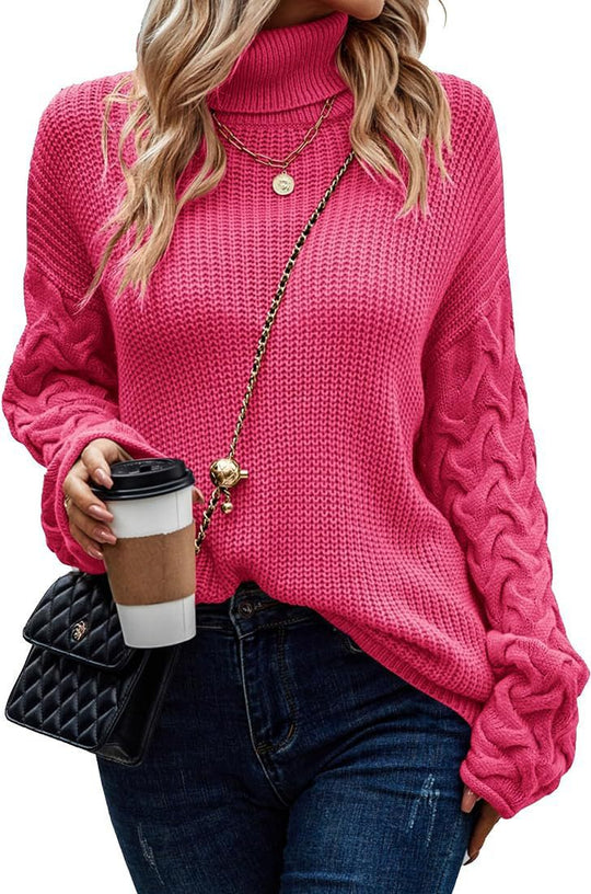 Damen Grobstrickpullover mit modernem Zopfdesign und hohem Kragen R&B