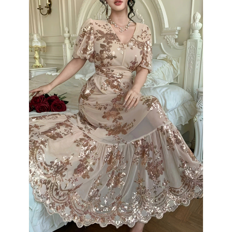 Damen Festliches Maxikleid mit funkelnden Pailletten und exquisiten Blumendetails R&B