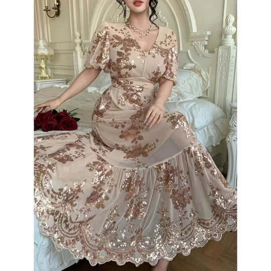 Damen Festliches Maxikleid mit funkelnden Pailletten und exquisiten Blumendetails R&B