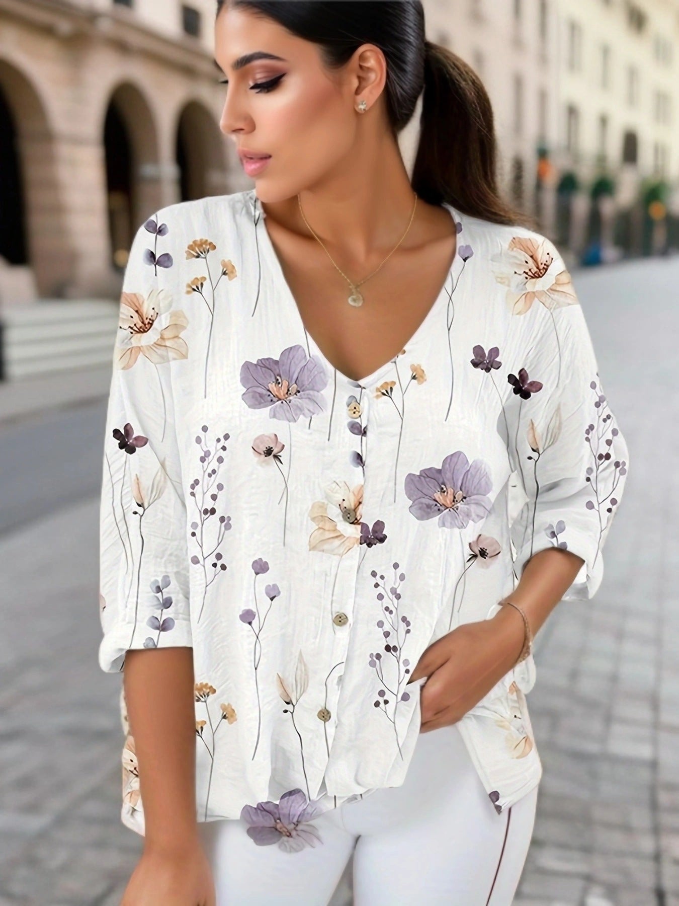 Damen Lässiges Blusenshirt mit floralem Druck und Knopfverschluss R&B
