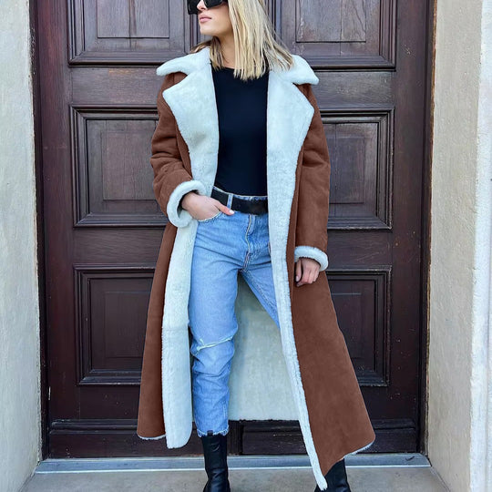 Damen Lange Kunstfelljacke mit modernem Design und elegantem Kragen R&B
