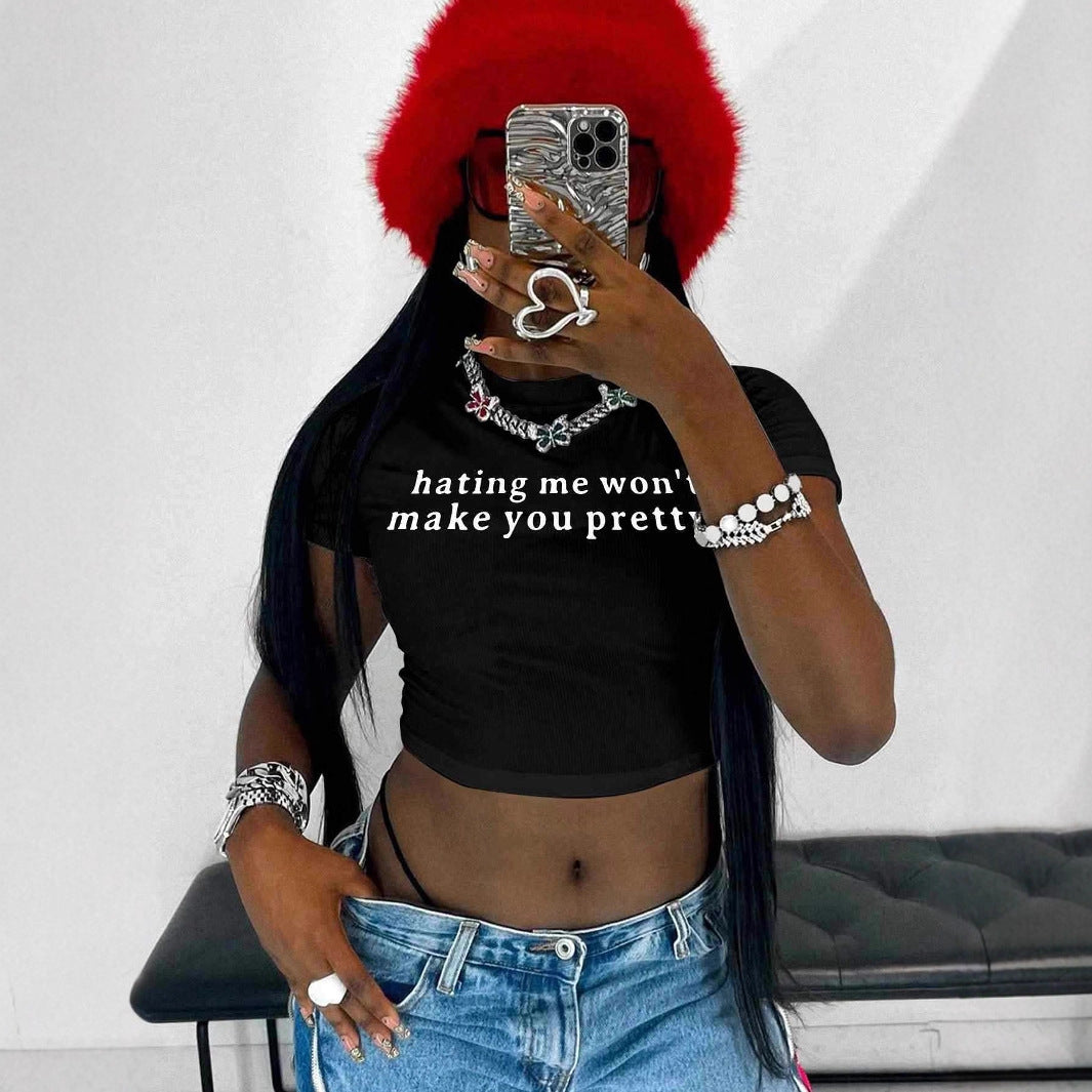 Damen Kurzarm Crop-T-Shirt mit witzigem Schriftzug R&B