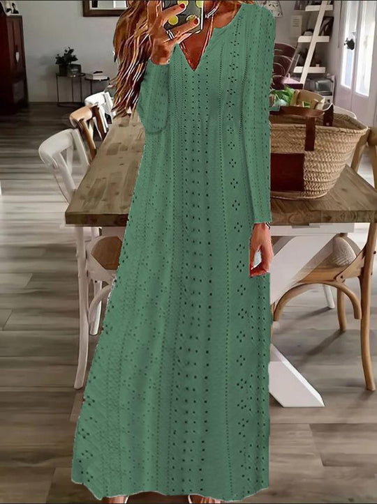 Damen Maxikleid mit filigranem Lochmuster und V-Ausschnitt R&B