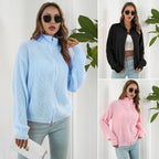 Damen lässiger Strickpulli mit hohem Kragen und Reißverschluss R&B