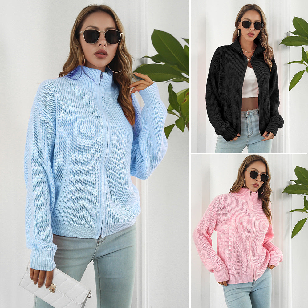 Damen lässiger Strickpulli mit hohem Kragen und Reißverschluss R&B