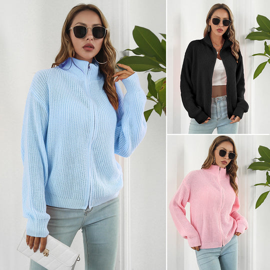 Damen lässiger Strickpulli mit hohem Kragen und Reißverschluss R&B