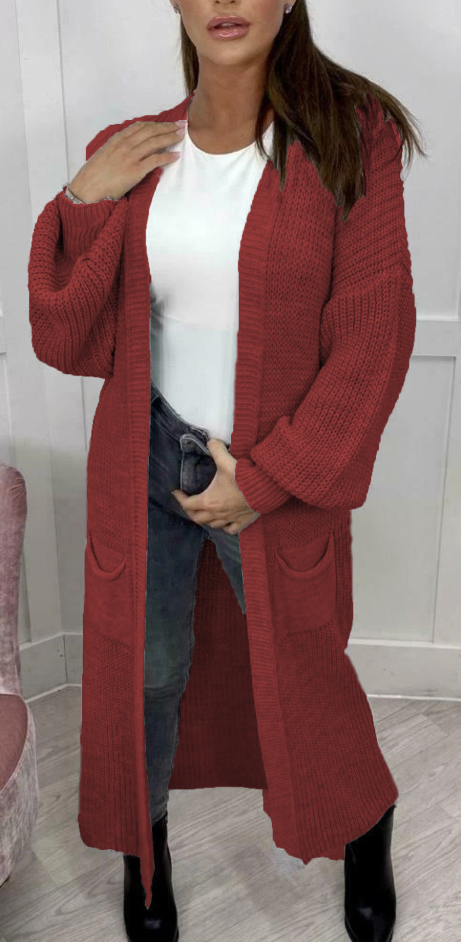 Damen Langer Strickcardigan mit strukturierter Maschenoptik und praktischen Taschen R&B