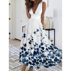 Damen Maxikleid mit tiefem V-Ausschnitt und floralem Wasserfarben-Muster R&B