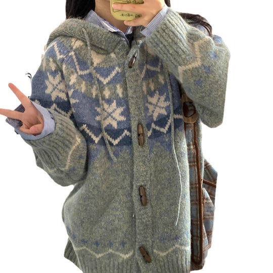 Damen kuschelige Strickjacke mit hohem Kragen und Ornamenten R&B