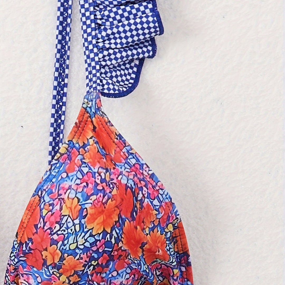 Damen Triangel-Bikini mit verspielten Rüschendetails und floralem Muster R&B