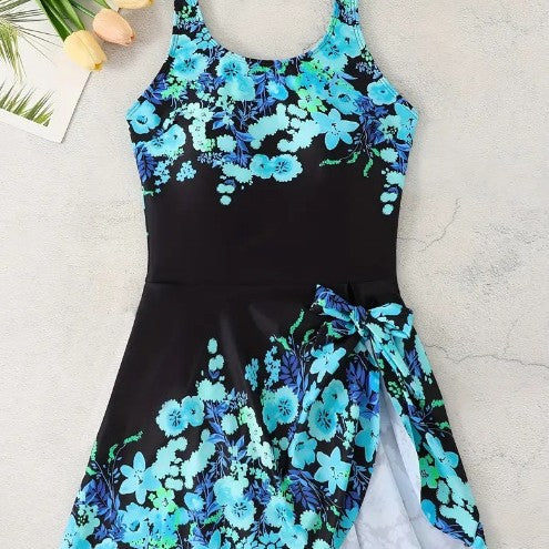 Damen Einteiler Badeanzug mit floralem Wickeldesign R&B
