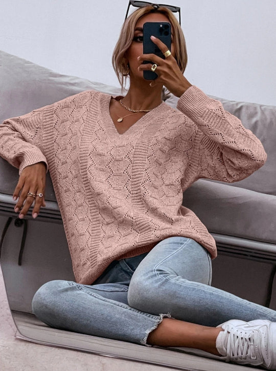 Damen Strickpullover mit V-Ausschnitt und lockerer Passform R&B
